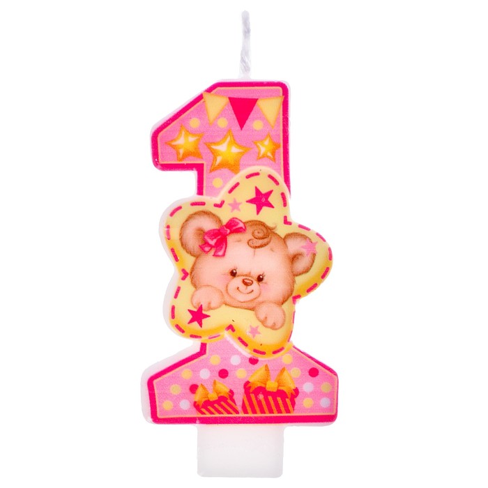 Свеча для торта  "1 год, милый мишка", розовая