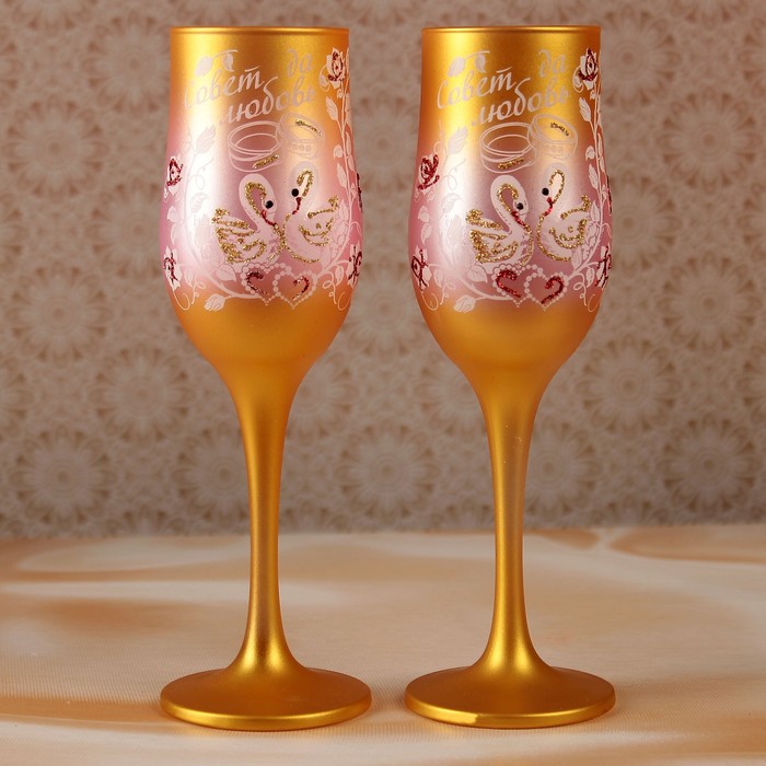 Свадебные бокалы "Лебеди", золотисто-розовый