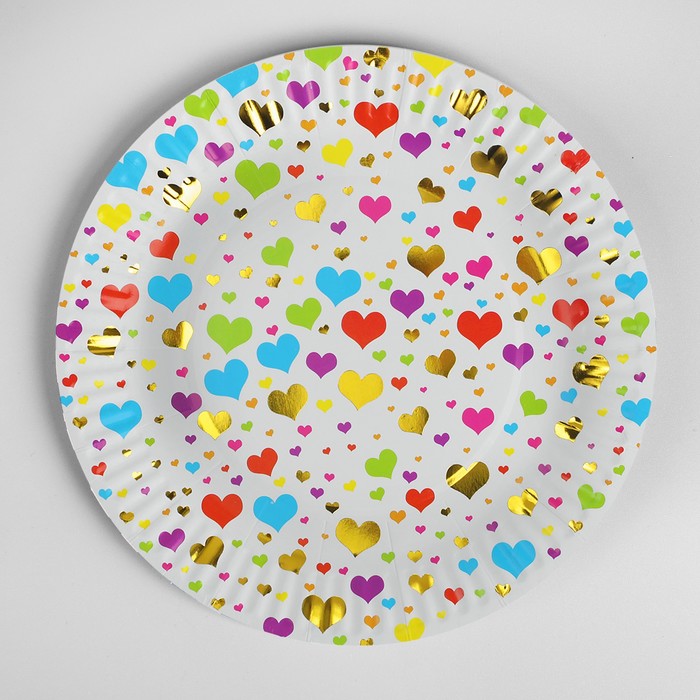Набор бумажных тарелок "Разноцветные сердечки", 6 шт (18 см)
