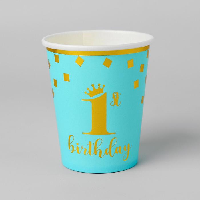 Бумажные стаканчики "1 день рождения", 8 шт (голубой/золотой)