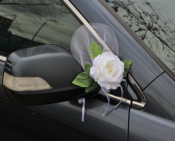 Украшение на ручки/зеркала с фатином Свадебная мечта 1 роза (2 шт) (белый)