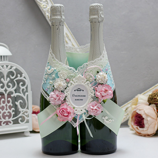 Украшение для свадебного шампанского Таинственный сад (мятный)