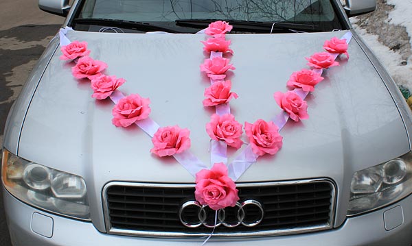 Свадебная лента на машину "Розы" (розовая, 3 луча)