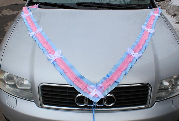 Лента на машину Волна с бантиком (голубой/розовый)