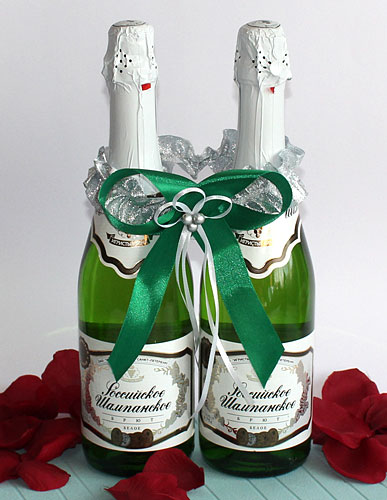 Свадебное украшение на шампанское "Банты" №2 (зеленый+серебро)