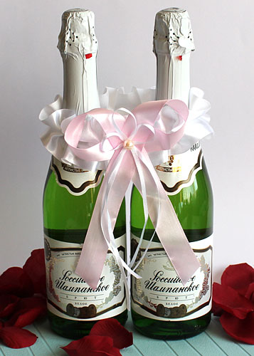 Украшение на шампанское "Банты" №2 (белый+розовый)