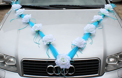 Лента на свадебную машину Пышные розочки (2 луча) (голубой)