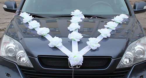 Свадебная лента на машину "Розы" (белая, 3 луча)
