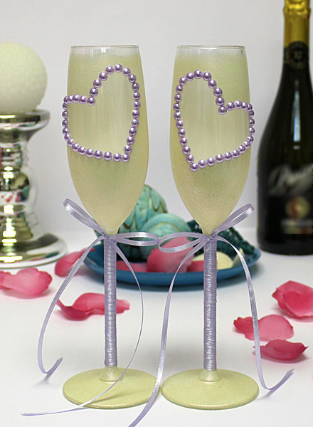 Свадебные бокалы с ручной росписью Сердца (2 шт) (сиреневый)