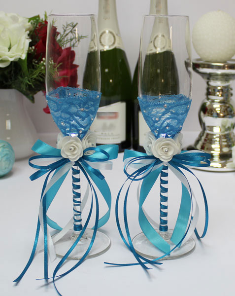 Свадебные бокалы с кружевом "Летний бриз" (2 шт; бирюзовый)