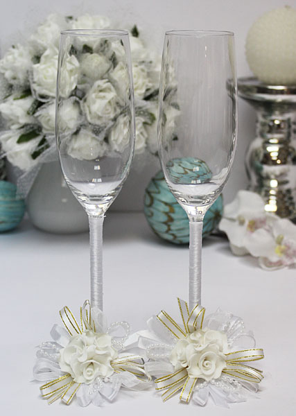 Свадебные бокалы для молодоженов Валенсия (2 шт) (белый/золотой)