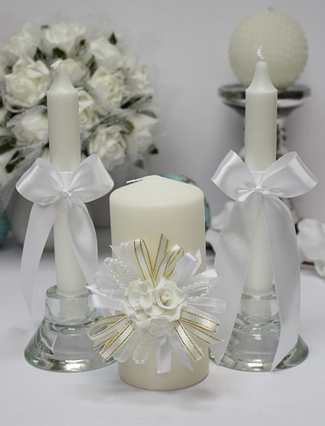Свадебные свечи Валенсия (3 свечи без подсвечников) (белый/золотистый)