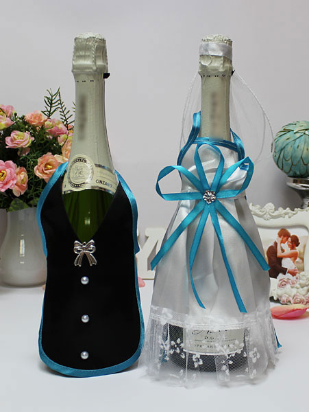 Наряды жениха и невесты для украшения шампанского (бирюза)