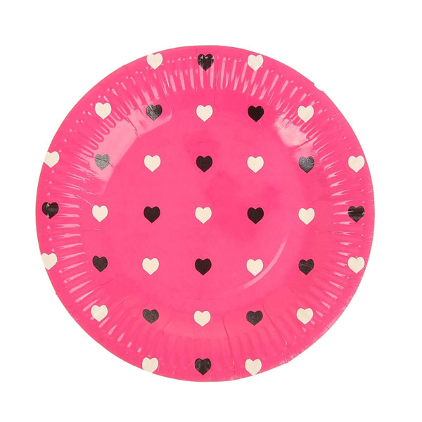 Круглые бумажные тарелки "Сердечки" (6 шт, 18 см, розовые)
