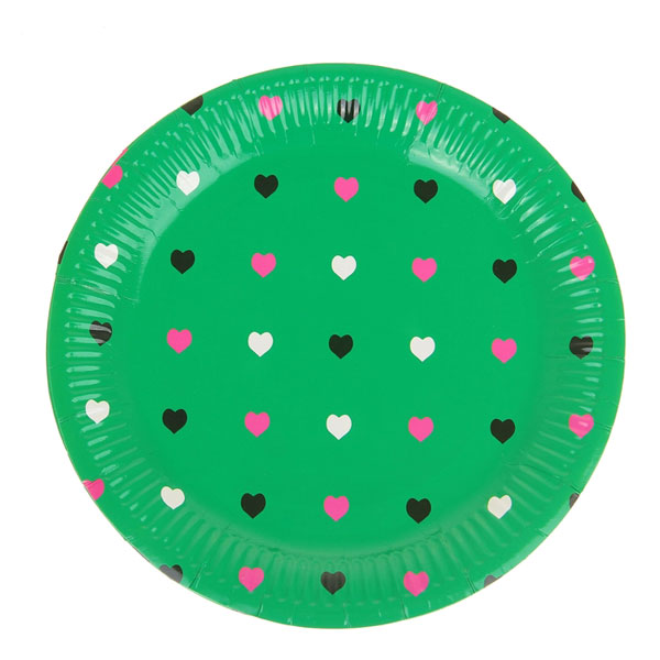 Круглые бумажные тарелки "Сердечки" (6 шт, 18 см, зеленые)