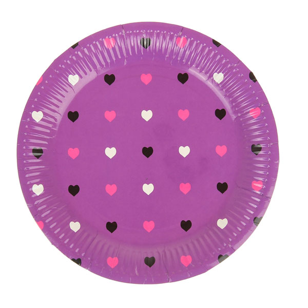Круглые бумажные тарелки "Сердечки" (6 шт, 18 см, фиолетовые)