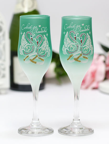 Свадебные бокалы Совет да любовь с лебедями (2 шт) (бело-зеленый матовый)