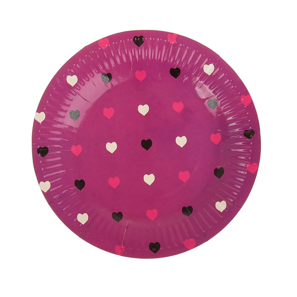 Круглые бумажные тарелки "Сердечки" (6 шт, 18 см, фуксия)