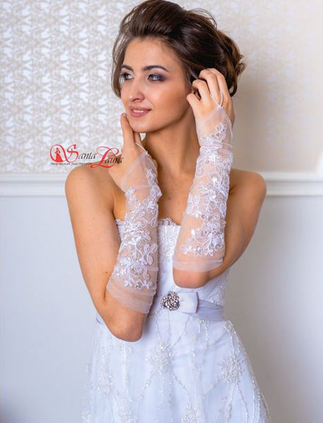 Свадебные перчатки фатиновые с кружевом (белые, 40-42 размер)