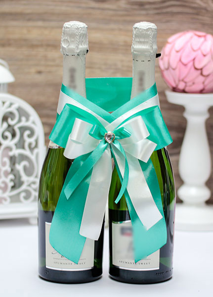 Декор на свадебное шампанское Тиффани (сине-зеленый)