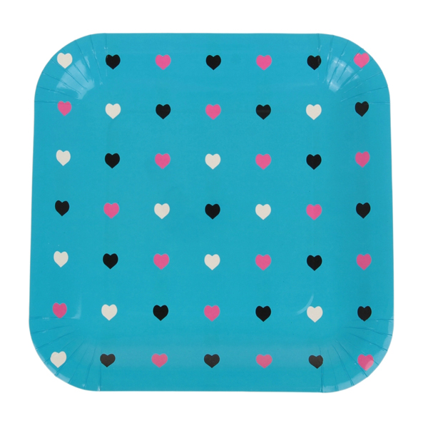 Квадратные бумажные тарелки "Сердечки" (6 шт, 23 см, голубые)