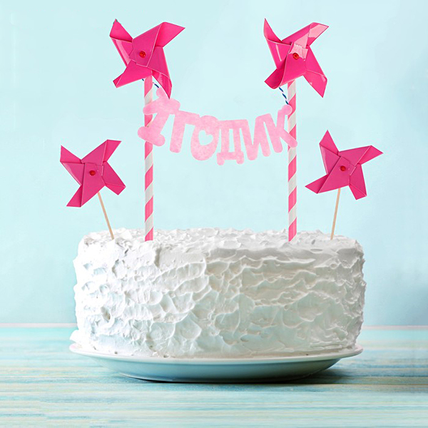 Декор для торта ""1 годик", набор: шпажки 2 шт., топпер-гирлянда, розовый