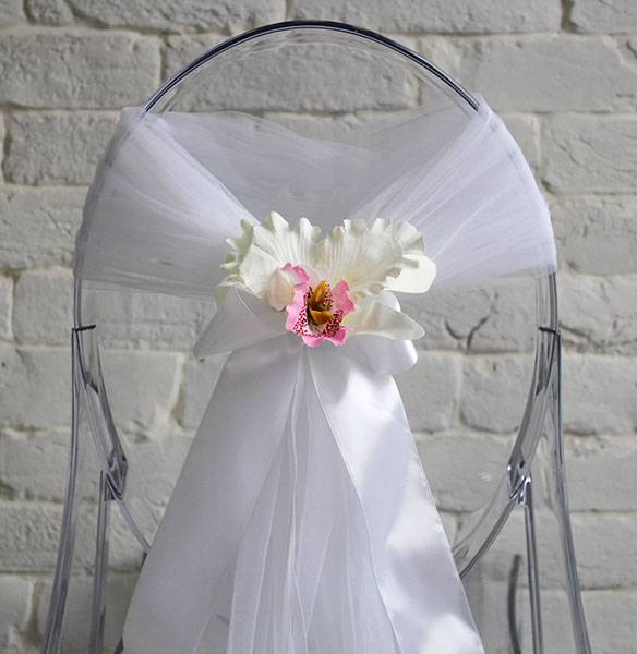 Чехлы на стулья для свадьбы Бело-розовая орхидея (белый фатин)