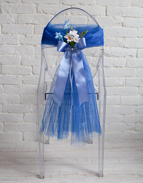 Чехлы на свадебные стулья Ромашки (синий фатин)
