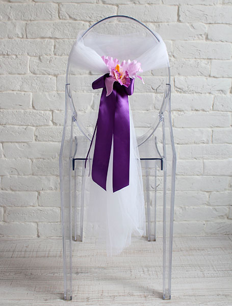 Чехлы на стулья для свадьбы Орхидея с бантом (белый фатин)