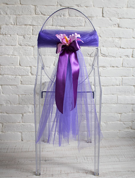 Чехлы на стулья для свадьбы Орхидея с бантом (фиолетовый фатин)