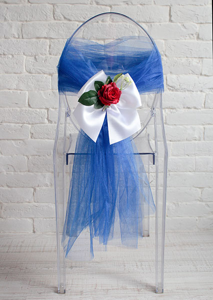 Чехлы на стулья для свадьбы Роза с бантом (синий фатин)