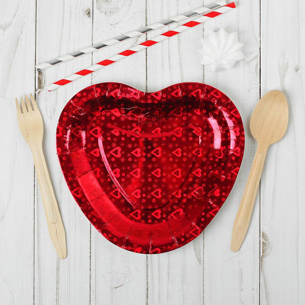 Набор бумажных тарелок "Сердечко", (6 шт, голография, красные)