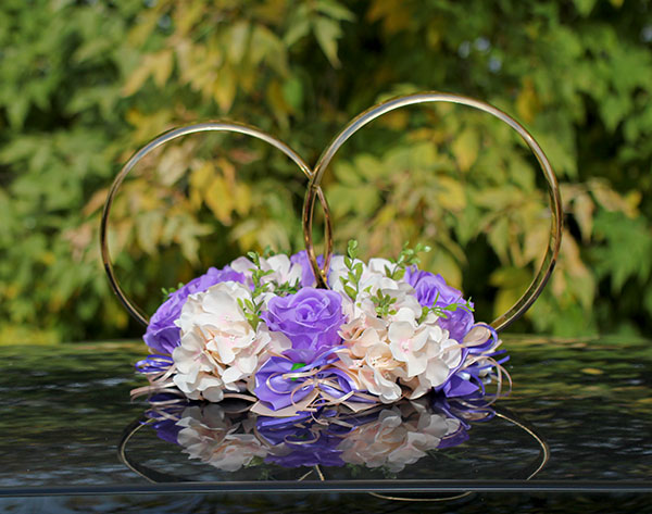 Кольца на свадебную машину Поцелуй бабочки (с розами) (сиреневый/персиковый)