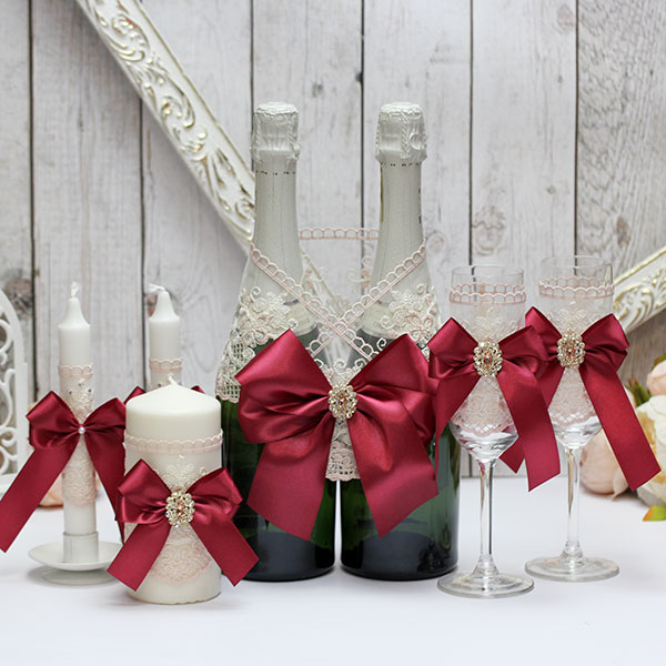 Комплект свадебных аксессуаров "Винтажный шик" (3), винный