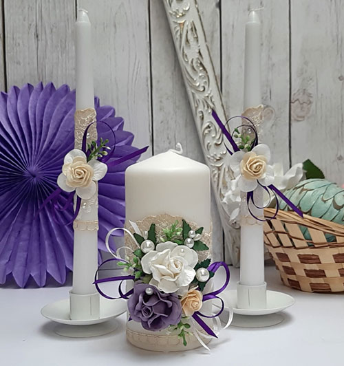 Свадебные свечи для молодоженов + 2 свечи Райские цветы (без подсвечников) (фиолетовый)