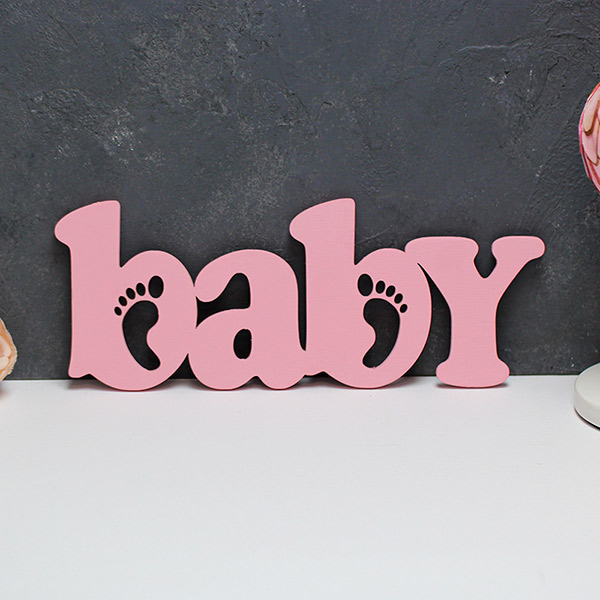 Слово из дерева для фотосессии и декора Baby, ножки (30 cм) (розовый)