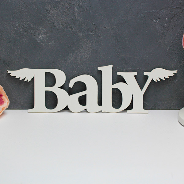 Слово из дерева для фотосессии и декора Baby, крылья (белый)