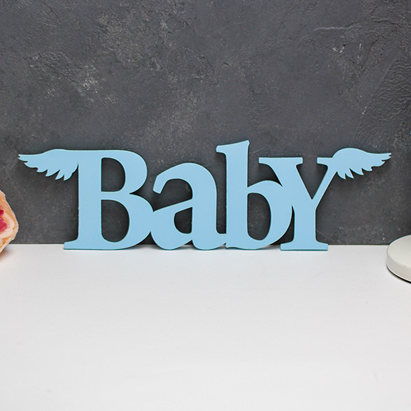 Слово из дерева для фотосессии и декора Baby, крылья (голубой)