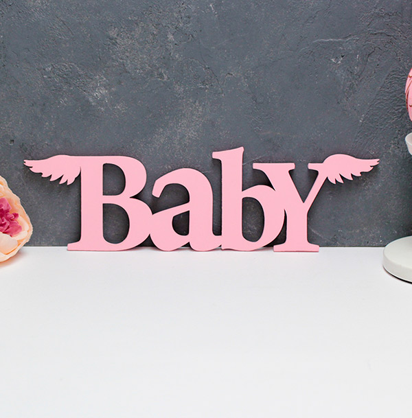 Слово из дерева для фотосессии и декора Baby, крылья (розовый)
