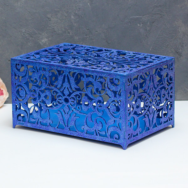Деревянная резная шкатулка для свадебных подарков (можно заказать нужный вам цвет) (темно-синий с блестками)