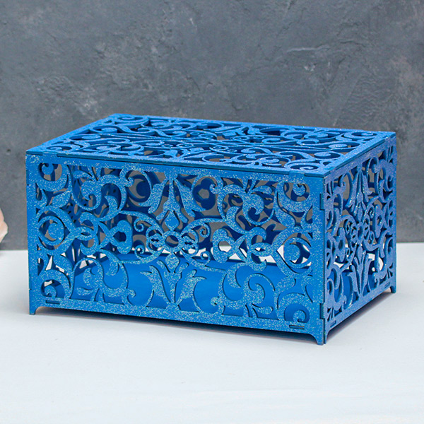 Деревянная резная шкатулка для свадебных подарков (можно заказать нужный вам цвет) (синий с блестками)