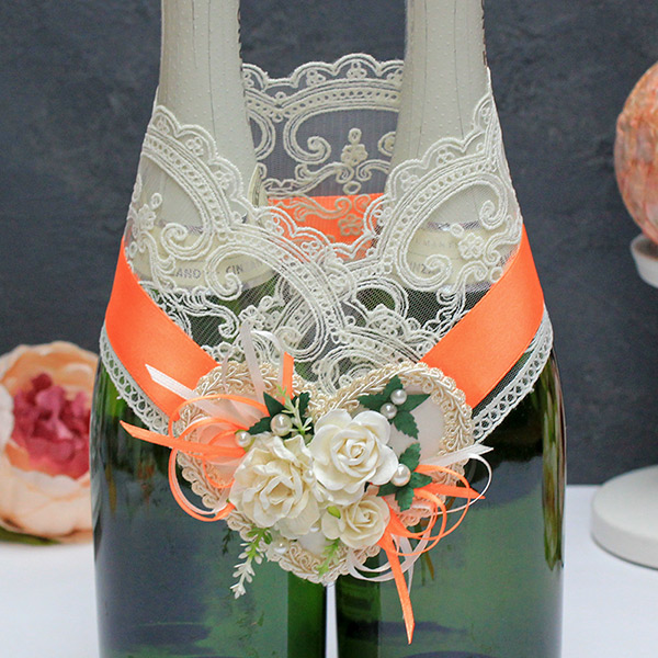 Свадебное украшение для шампанского Райские цветы (оранжевый)