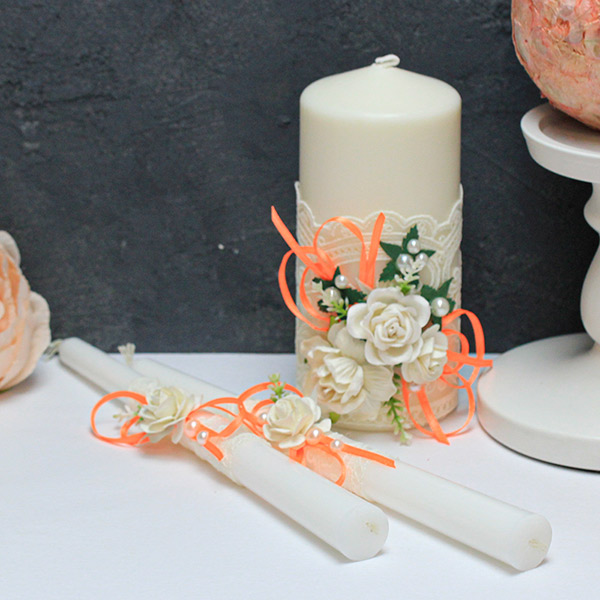 Свадебные свечи для молодоженов + 2 свечи Райские цветы (без подсвечников) (оранжевый)