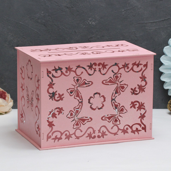 Деревянная резная шкатулка для свадебных подарков Бабочка (розовый с блестками)