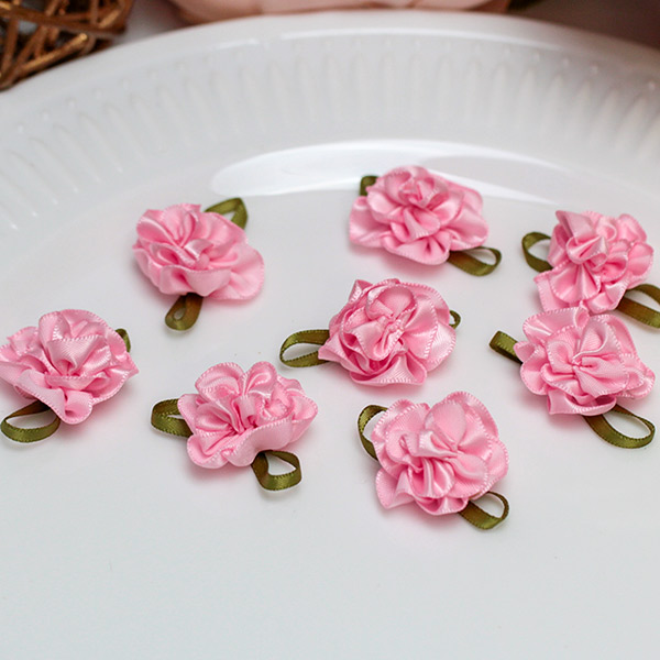 Тканевая розочка с листиками для декора (розовый) (2,5 см)