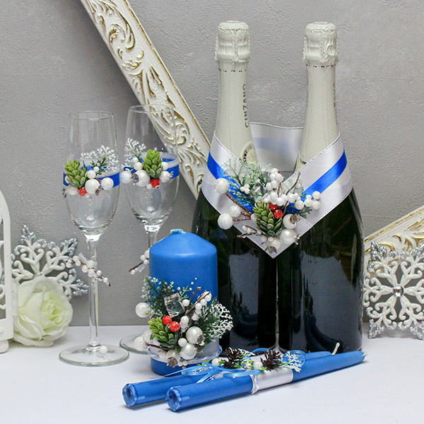 Комплект аксессуаров для зимней свадьбы "Зимнее волшебство" (3) (белый/синий)