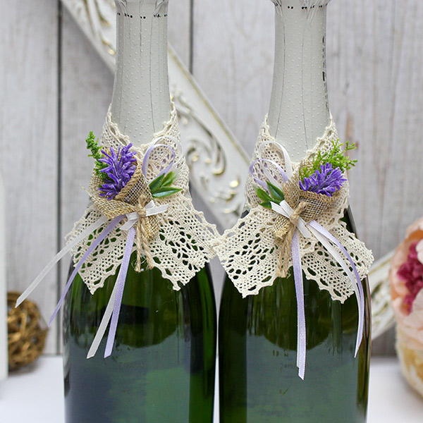 Декор свадебных бутылок в стиле прованс "Лавандовый букет"