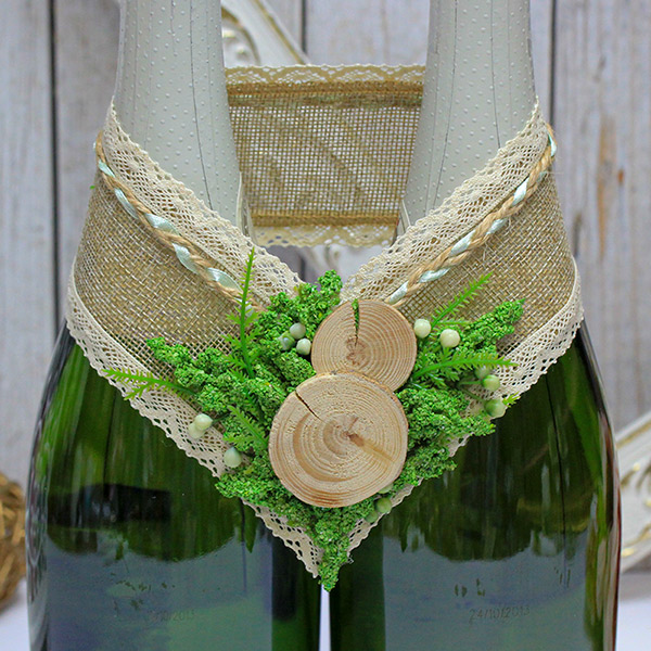 Украшение на свадебные бутылки в стиле рустик "Природное чудо"