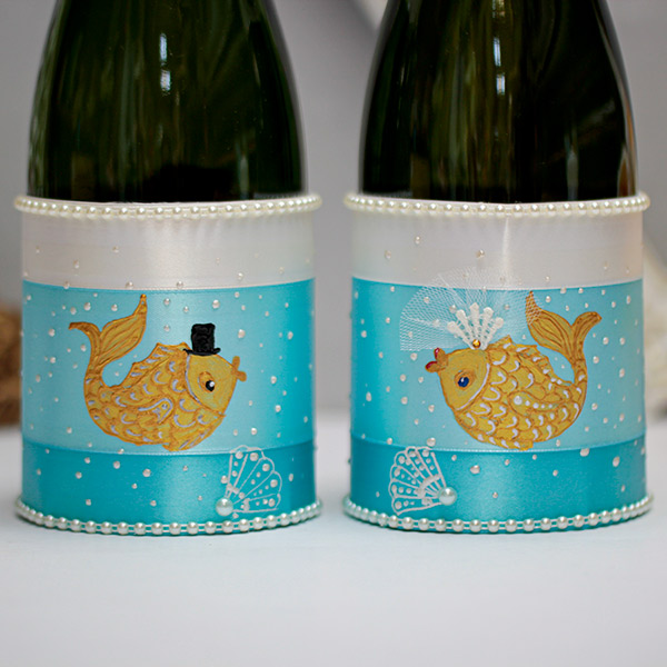 Декор на свадебные бутылки с росписью "Рыбки-молодожены" (2 шт)