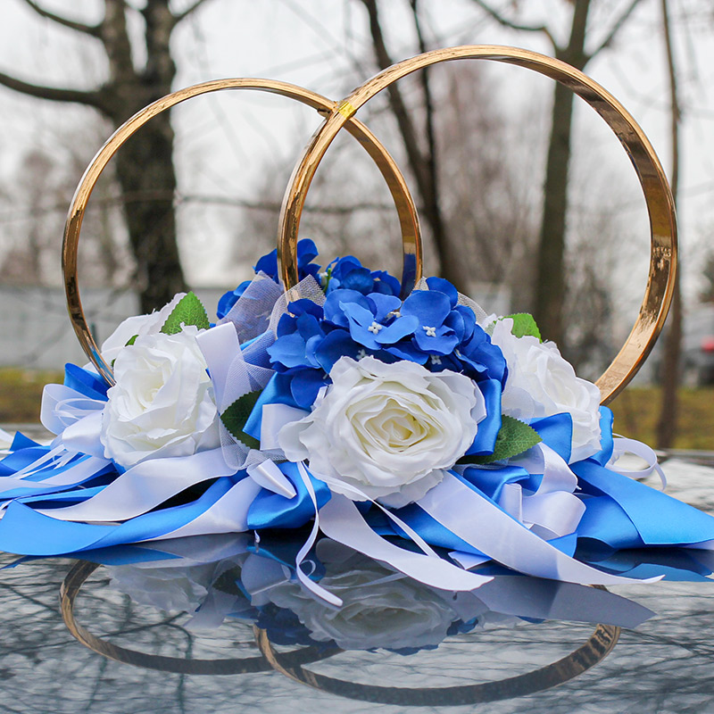Кольца на свадебную машину Романс любви (синие гортензии/белые розы)